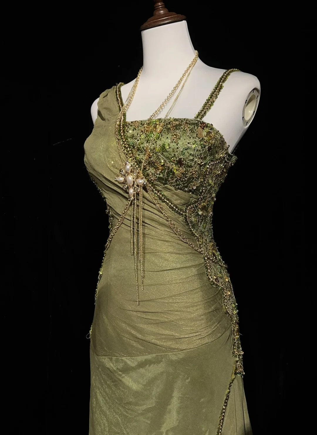 Vintage Prom Dresses Mermaid Olive Green Chiffon With Beading Formal Evening Outfits N3854