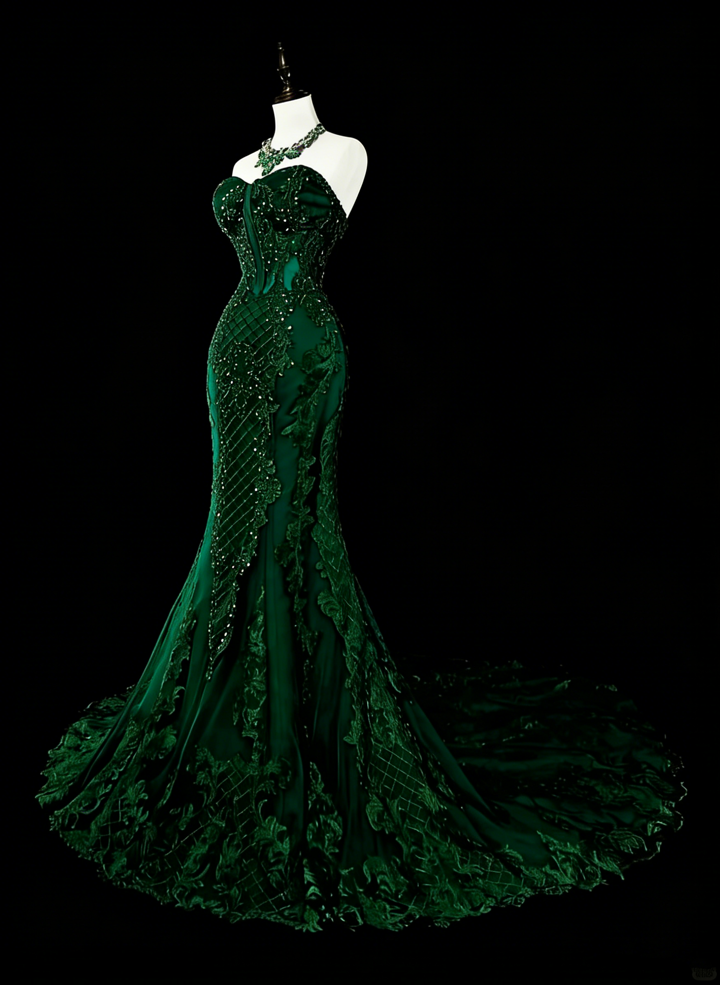 Vintage 1960s Mermaid Sweetheart Dark Green With Crystals Gems Sleeveless Long Prom Formal Dresses N1593