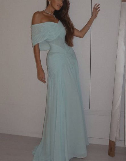 Sexy Mermaid Off The Shoulder Light Sky Blue Chiffon Prom Dresses Party Dress Long Evening Dresses AB2139