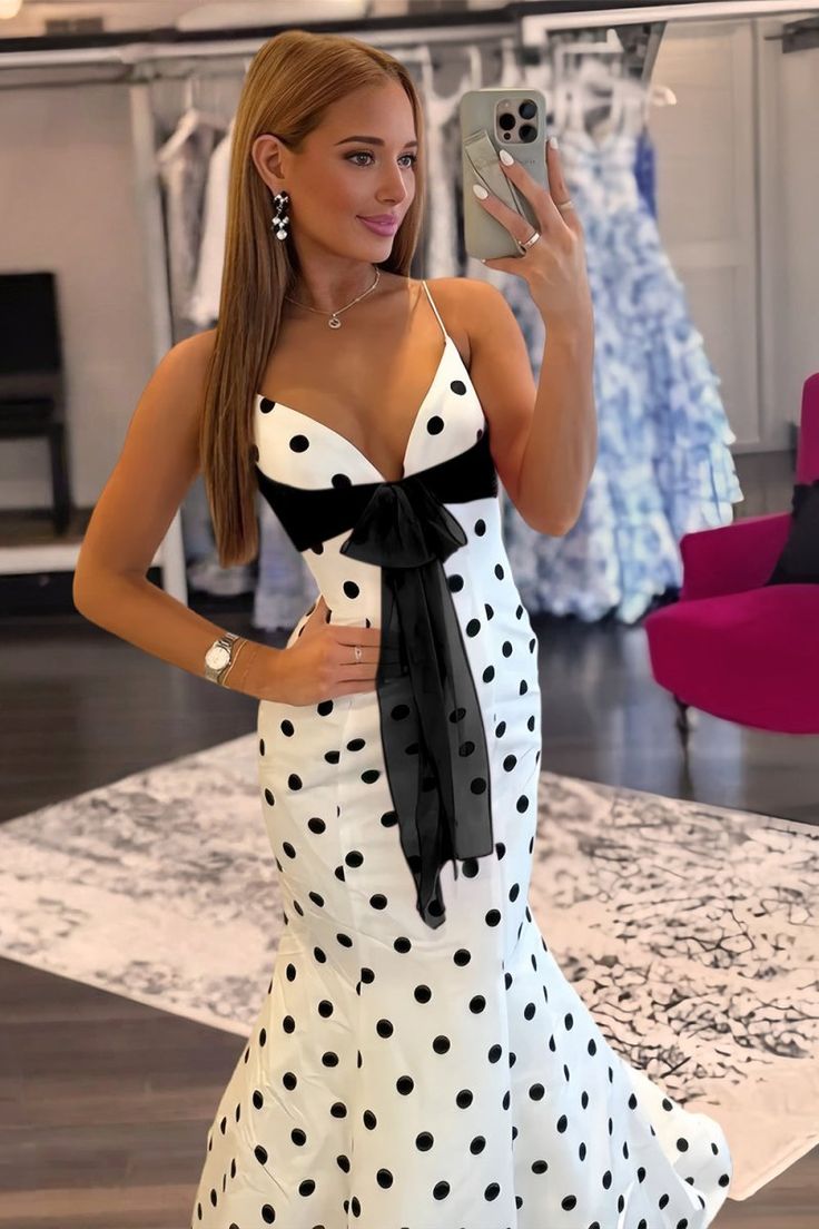 Charming Spaghetti Straps Polka Dots Mermaid Formal Prom Dresses With Bow Birthday Outfits AB2310