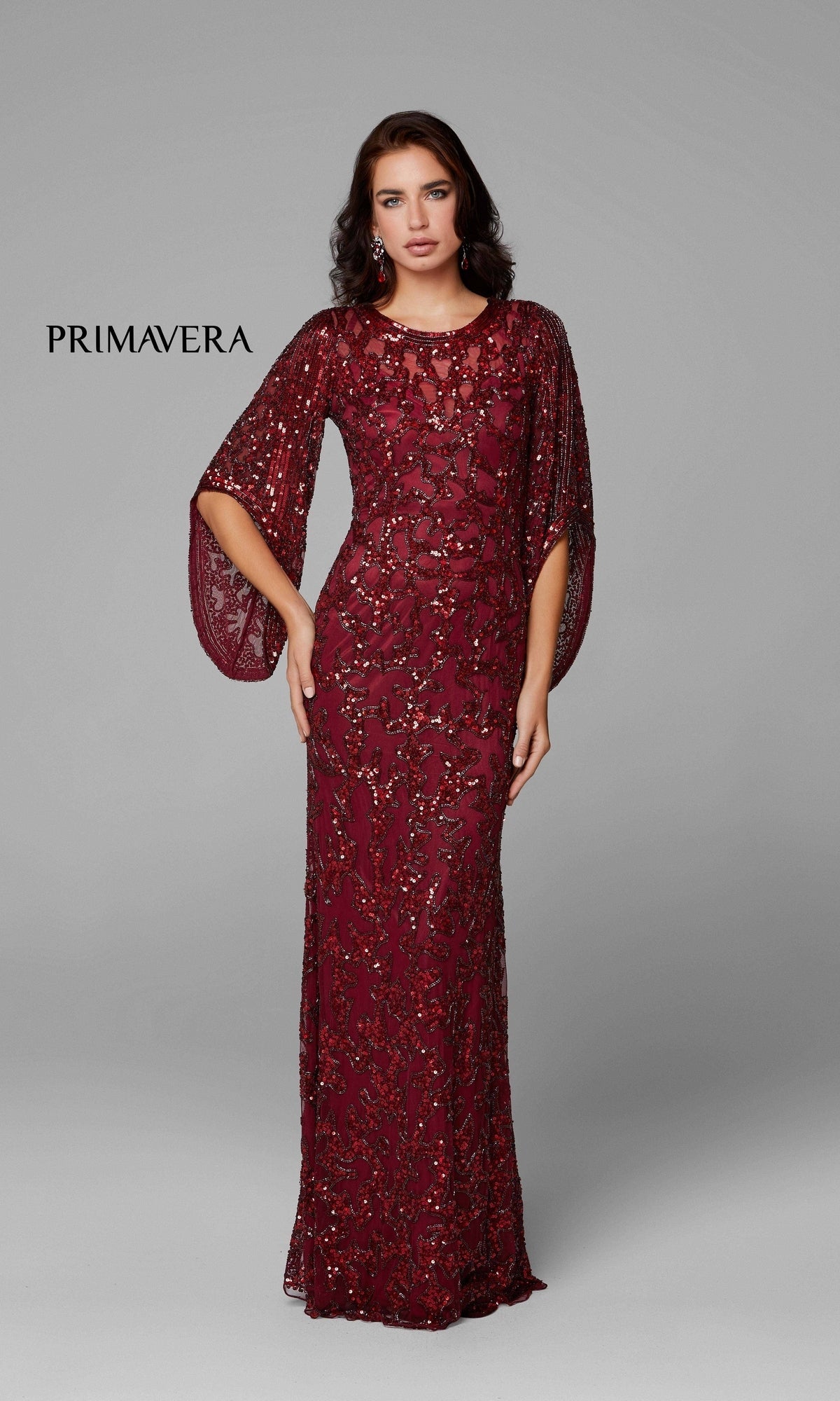 Sheer-Back Beaded Formal Dress with Sleeves 9713