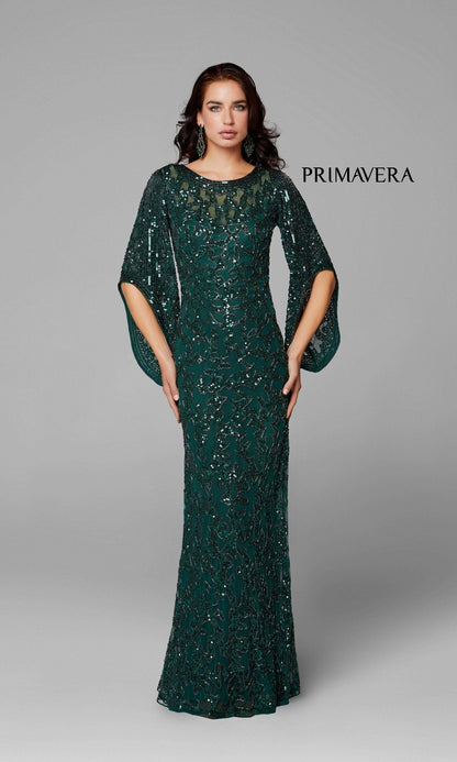 Sheer-Back Beaded Formal Dress with Sleeves 9713