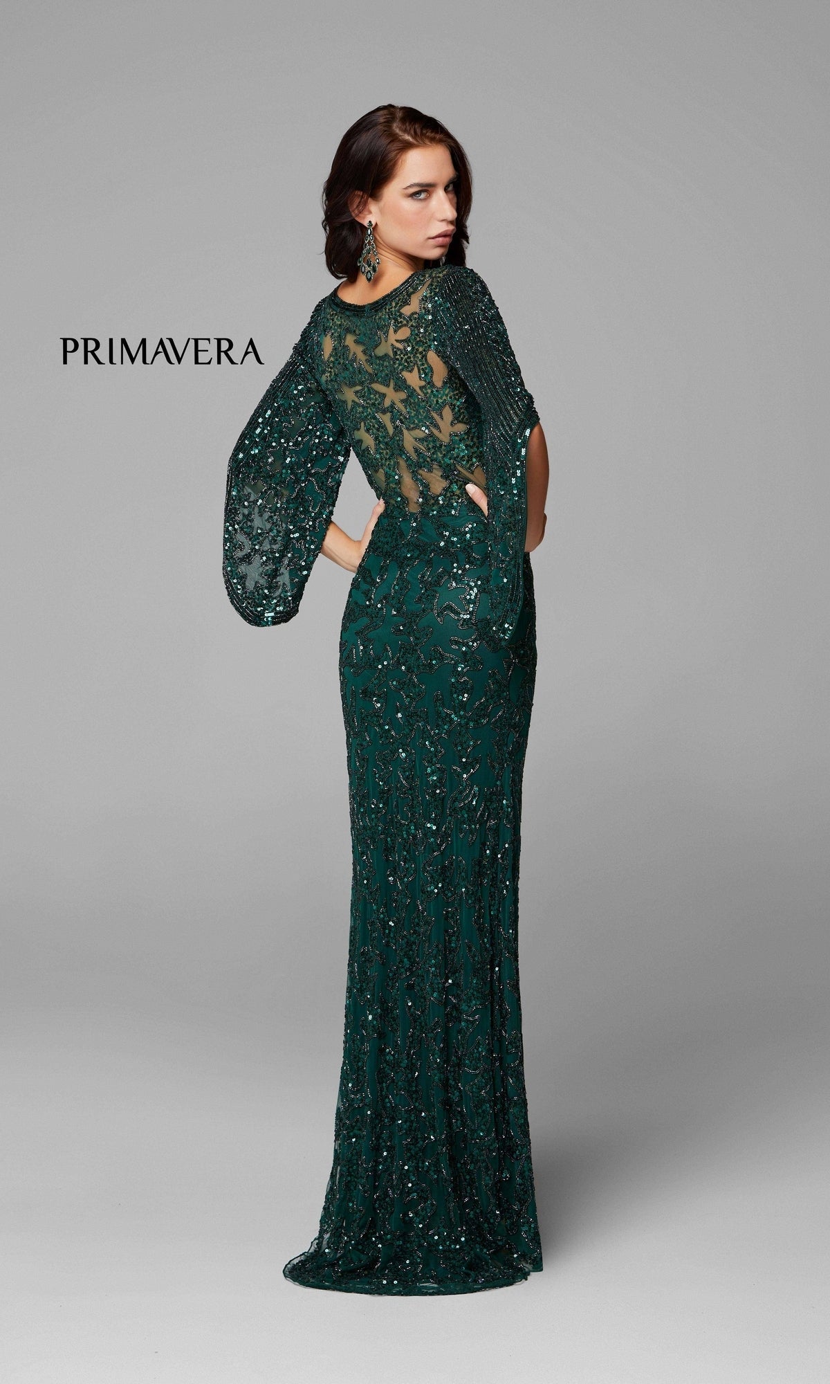 Sheer-Back Beaded Formal Dress with Sleeves 9713