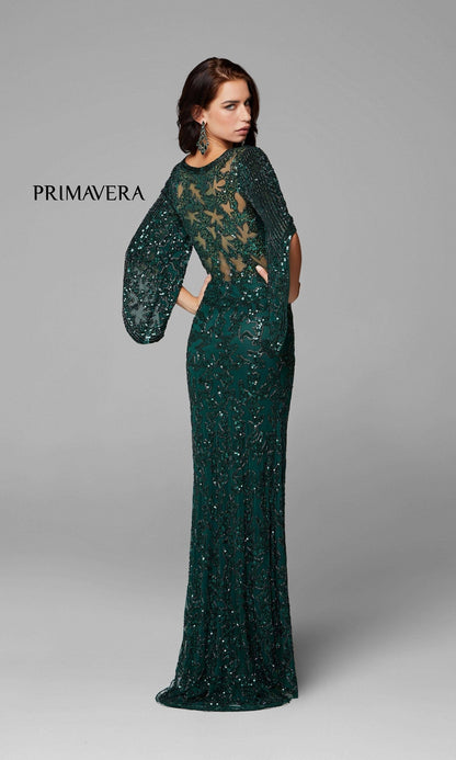Sheer-Back Beaded Formal Dress with Sleeves 9713