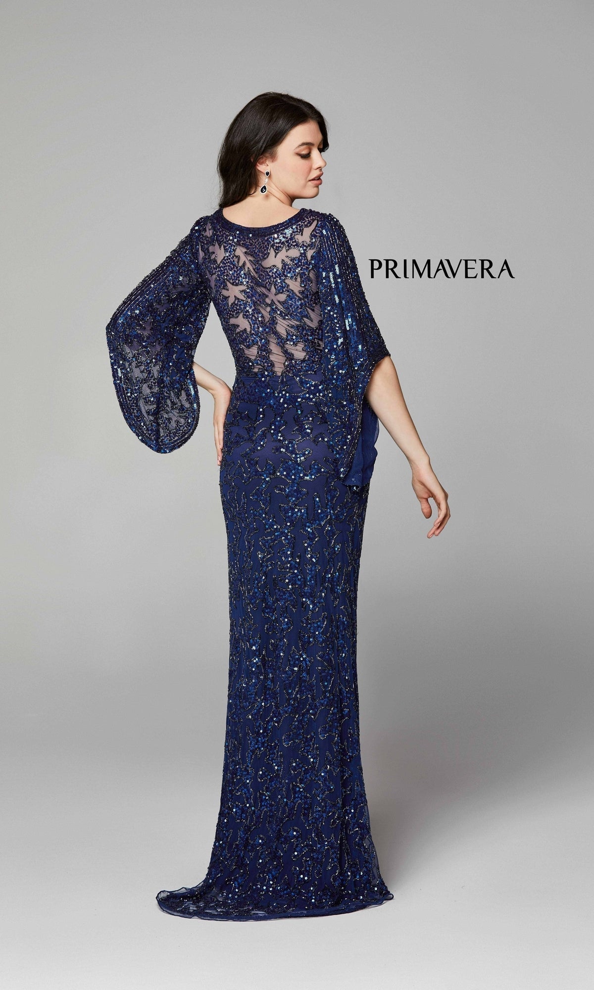 Sheer-Back Beaded Formal Dress with Sleeves 9713