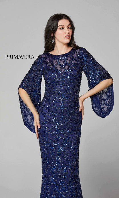 Sheer-Back Beaded Formal Dress with Sleeves 9713