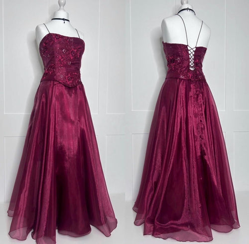 Vintage 80s Ball Gown Burgundy Organza Spaghetti Strap Formal Dress 18th Birthday Prom Dresses N2770