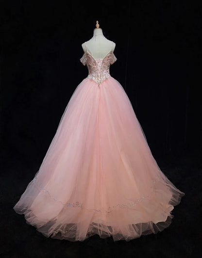 Princess Prom Dresses Inspo Ball Gown Pink Tulle Long With Beading Formal Gowns N3392