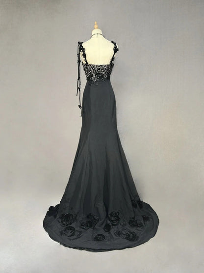 Vintage Prom Dresses Inspo Mermaid Spaghetti Strap Black Long 1990s With Beaded Appliqued Formal Gowns N3378
