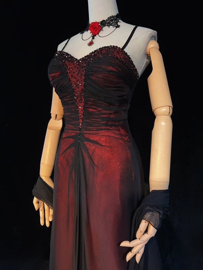 Beautiful Prom Dresses A line Spaghetti Strap Black Red With Cape Long Formal Evening Outfits N3668