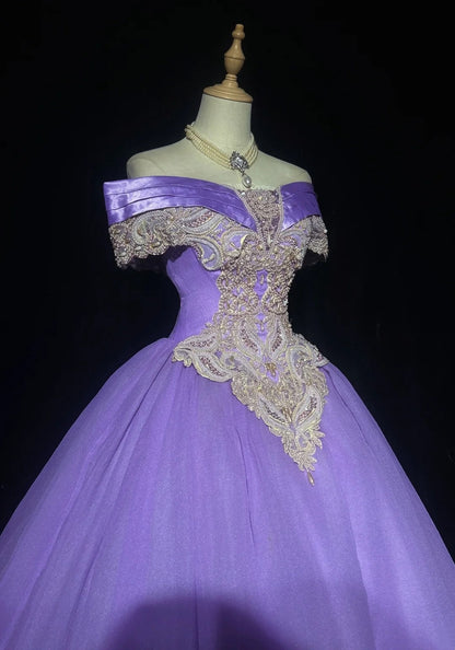 Princess Prom Dresses Ball Gown Off The Shoulder Grape With Pearls Formal Evening Outfits N3885