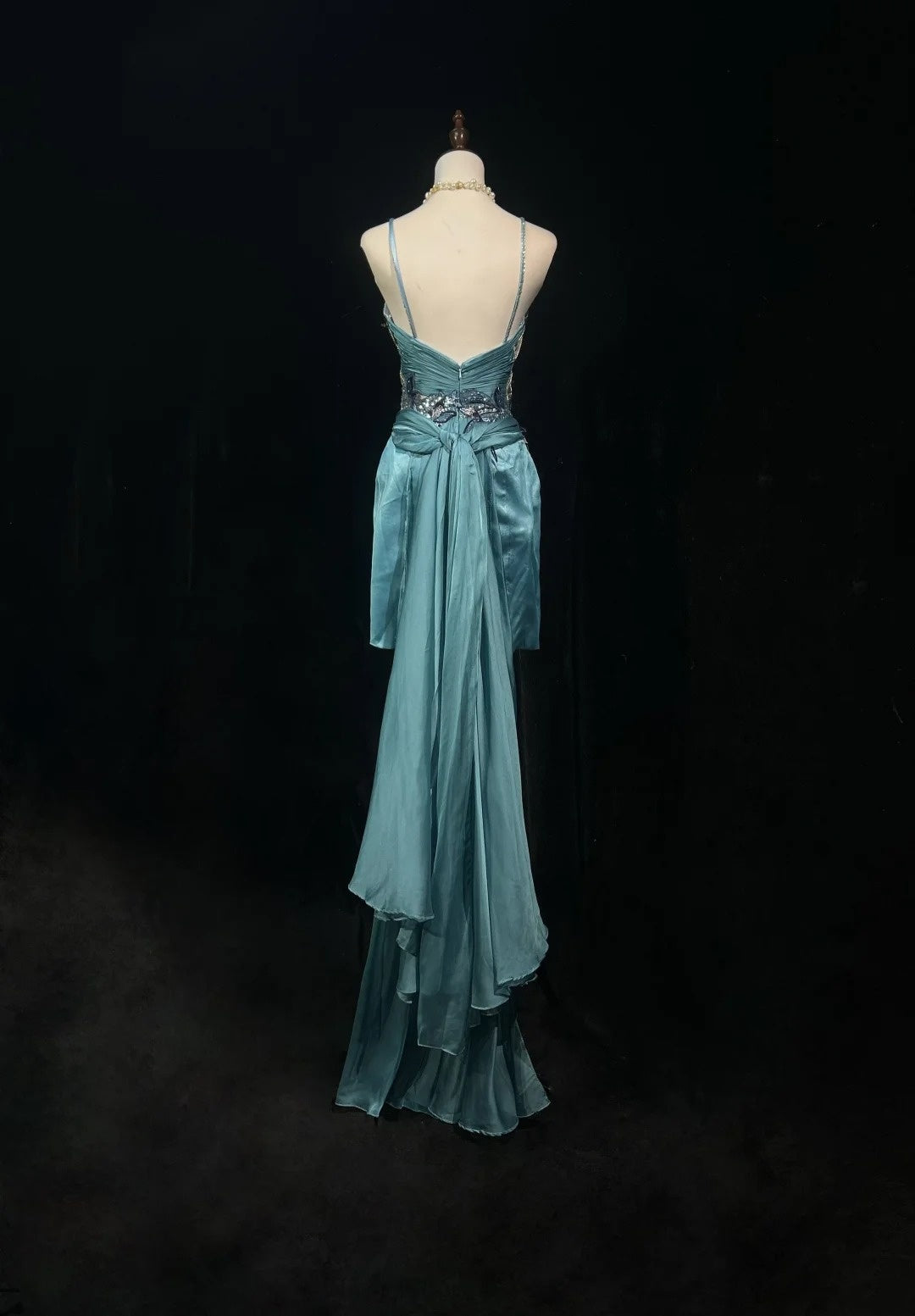 Vintage Classy Prom Dresses A Line Tiffany Blue V Neck Lace Satin With Beaded Evening Long Dress N3300