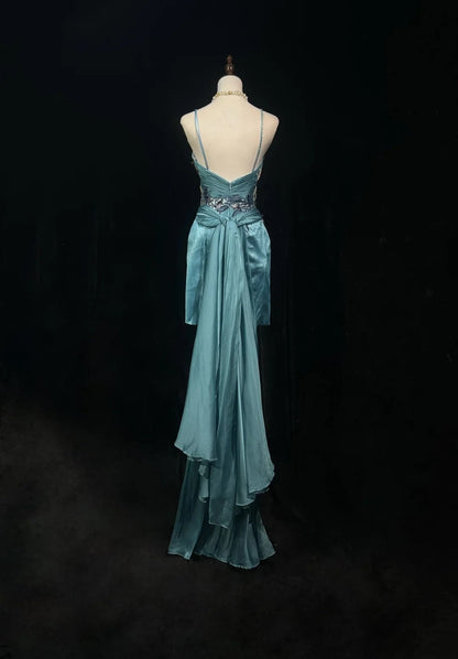 Vintage Classy Prom Dresses A Line Tiffany Blue V Neck Lace Satin With Beaded Evening Long Dress N3300