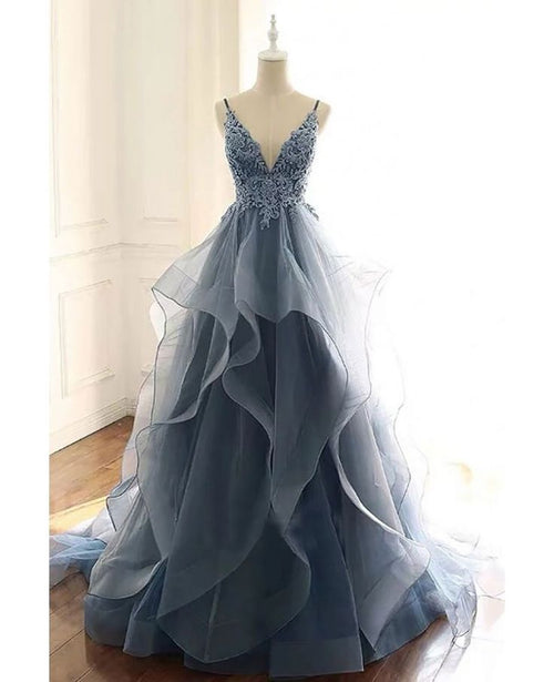 Beautiful Vneck Sequined Lace Ruffled Blue Prom Dress With Straps N1783