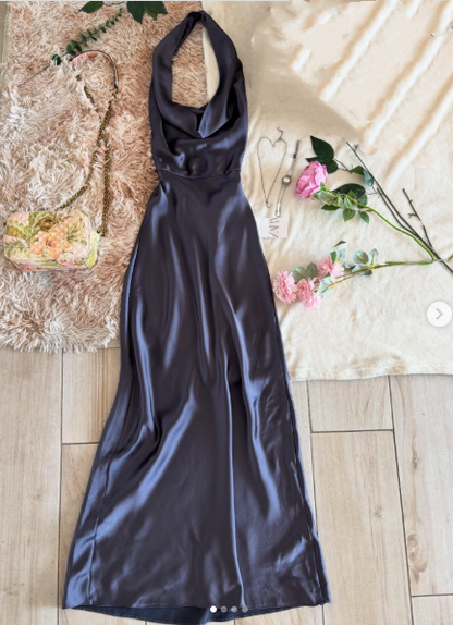 Chic Mermaid Halter Navy Blue Silky Satin Long Formal Fancy Prom Evening Dress Dinner Outfits Classy Party Gowns AB2038