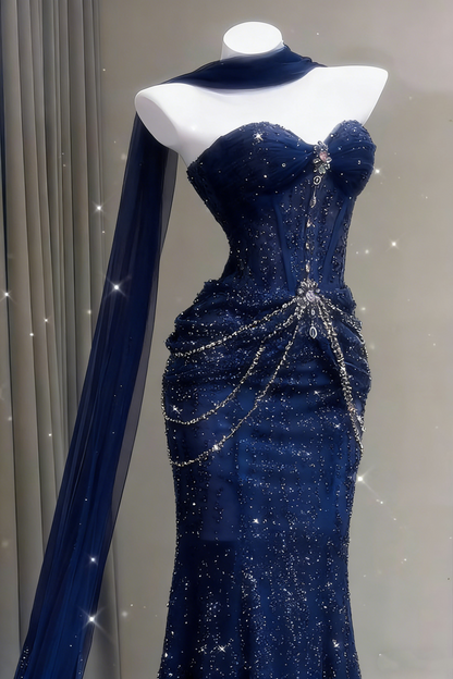 Blue Mermaid Prom Dress Aesthetic Sweetheart Tulle Long Formal Evening Dresses AB1664