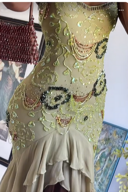 Sexy Prom Dresses Impress High Low Spaghetti Straps Sage Green Chiffon With Beads Semi Formal Graduation Party Dress For Teens High Schools AB1951