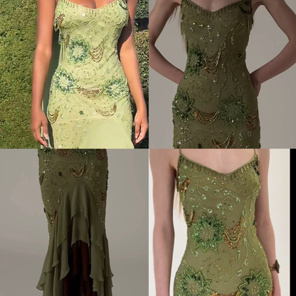 Sexy Prom Dresses Impress High Low Spaghetti Straps Sage Green Chiffon With Beads Semi Formal Graduation Party Dress For Teens High Schools AB1951