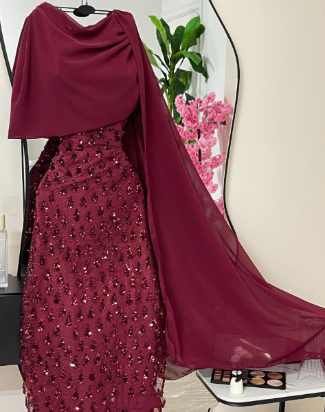 Elegant Sheath Navy Blue Sequins With Cape Long Formal Fancy Prom Evening Dress Dinner Outfits Classy Party Gowns AB2046