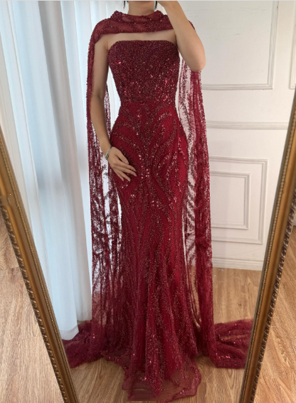 Elegant Mermaid Strapless Burgundy With Sequins Scarf Long Formal Fancy Evening Dress Dinner Outfits Classy Party Gowns AB2060