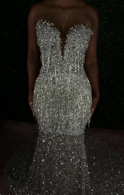 Classy Mermaid Sweetheart Silver Gray Sequins Prom Dresses Party Dress Long Evening Dresses AB2167