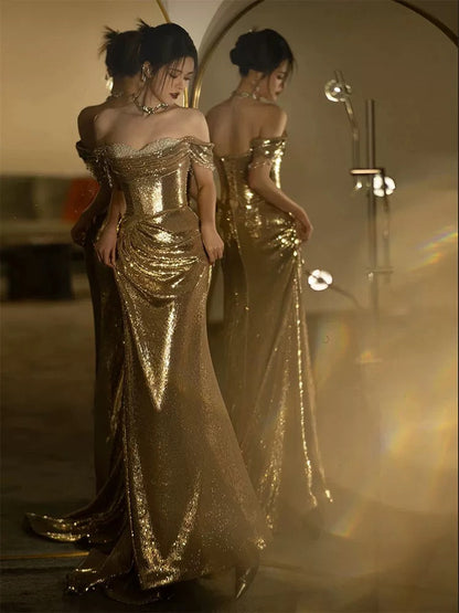 Mermaid Off The Shoulder Gold Sequin Short Sleeves Prom Dresses Inspiration Long Night Outfits Birthday Outfit AB2211