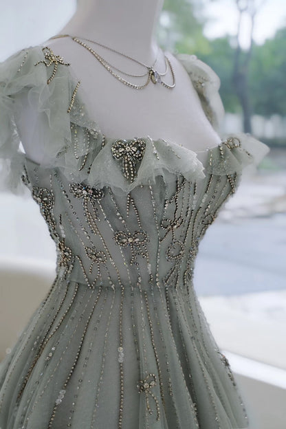 Elegant A line Square Neck Green Tulle Long Formal Prom Evening Dresses Dinner Outfits Party Gowns AQ137