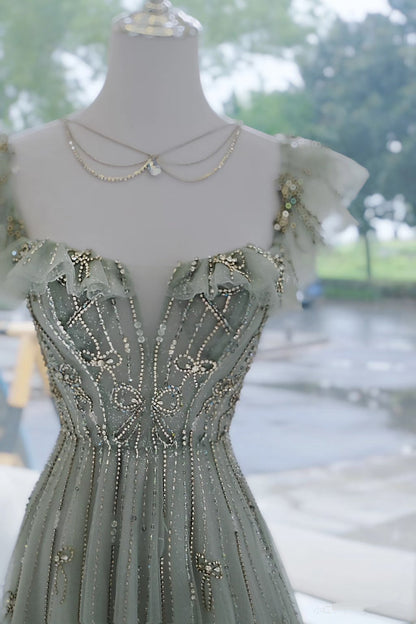 Elegant A line Square Neck Green Tulle Long Formal Prom Evening Dresses Dinner Outfits Party Gowns AQ137