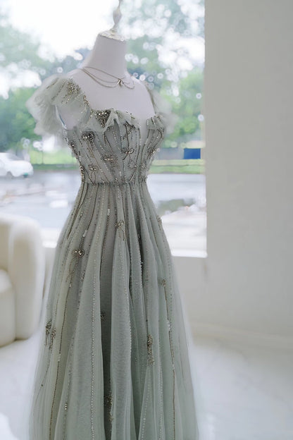 Elegant A line Square Neck Green Tulle Long Formal Prom Evening Dresses Dinner Outfits Party Gowns AQ137