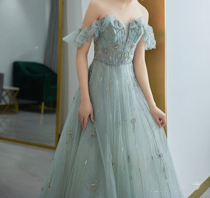 Elegant A line Square Neck Green Tulle Long Formal Prom Evening Dresses Dinner Outfits Party Gowns AQ137