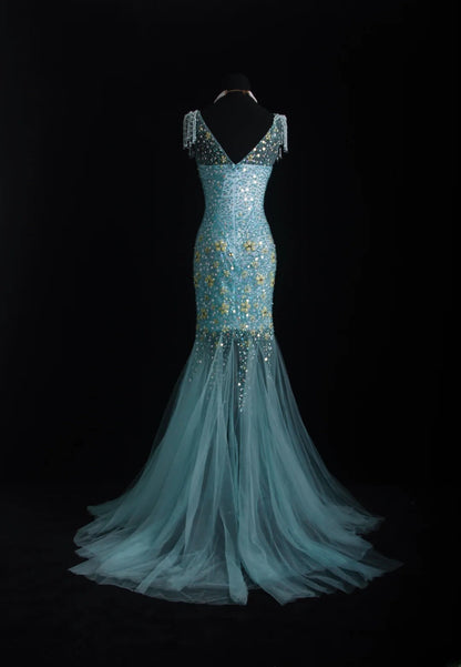 Vintage Prom Dresses 90s Formal Mermaid Scoop Neck Blue Tulle Long Party Gowns Prom Dresses AS010