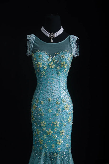 Vintage Prom Dresses 90s Formal Mermaid Scoop Neck Blue Tulle Long Party Gowns Prom Dresses AS010