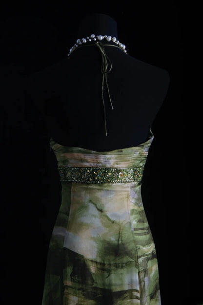 Vintage Prom Dresses 90s Formal Mermaid Halter Floral Green Mid Length Chiffon Party Gowns Prom Dresses AS014