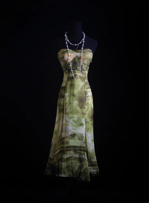Vintage Prom Dresses 90s Formal Mermaid Halter Floral Green Mid Length Chiffon Party Gowns Prom Dresses AS014