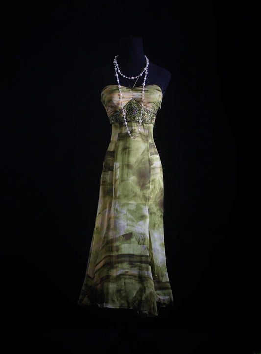 Vintage Prom Dresses 90s Formal Mermaid Halter Floral Green Mid Length Chiffon Party Gowns Prom Dresses AS014