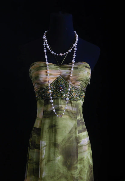 Vintage Prom Dresses 90s Formal Mermaid Halter Floral Green Mid Length Chiffon Party Gowns Prom Dresses AS014