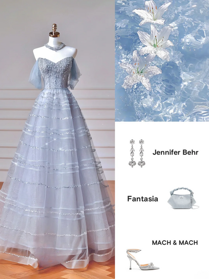 Modest Prom Dresses Aesthetic Ball Gown Off The Shoulder Light Blue Tulle Inspiration Impress Long Party Formal Gown For Teenagers High Schools Girls AQ017