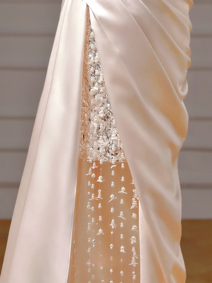 Chic Prom Dresses Aesthetic Mermaid Strapless Blush Pink Satin With Pleated Beads Slit Inspo Impress Long Party Formal Gown For Teenagers High Schools AQ020