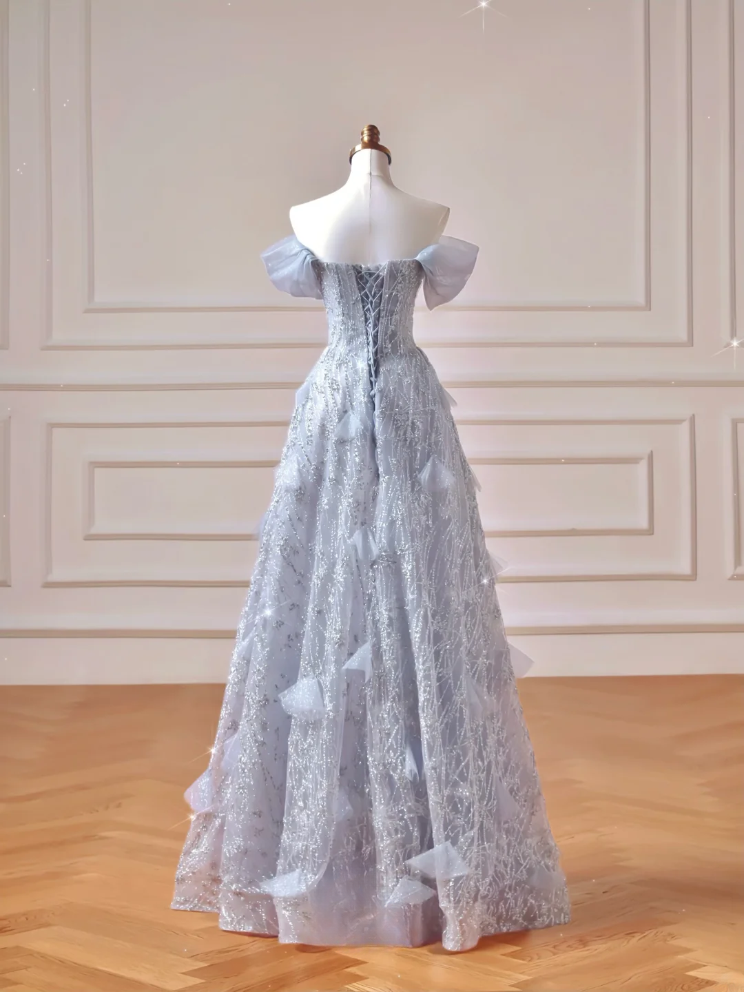Modest Prom Dresses Aesthetic Ball Gown Strapless Light Sky Blue Sequin Corset Fitted Impress Long Party Formal Gown For Teens High Schools Girls AQ023