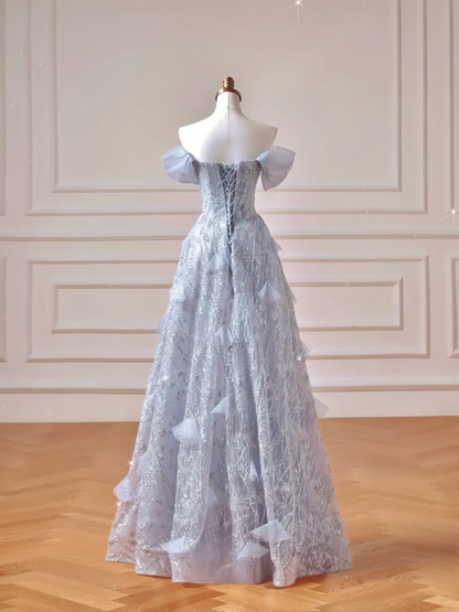 Modest Prom Dresses Aesthetic Ball Gown Strapless Light Sky Blue Sequin Corset Fitted Impress Long Party Formal Gown For Teens High Schools Girls AQ023