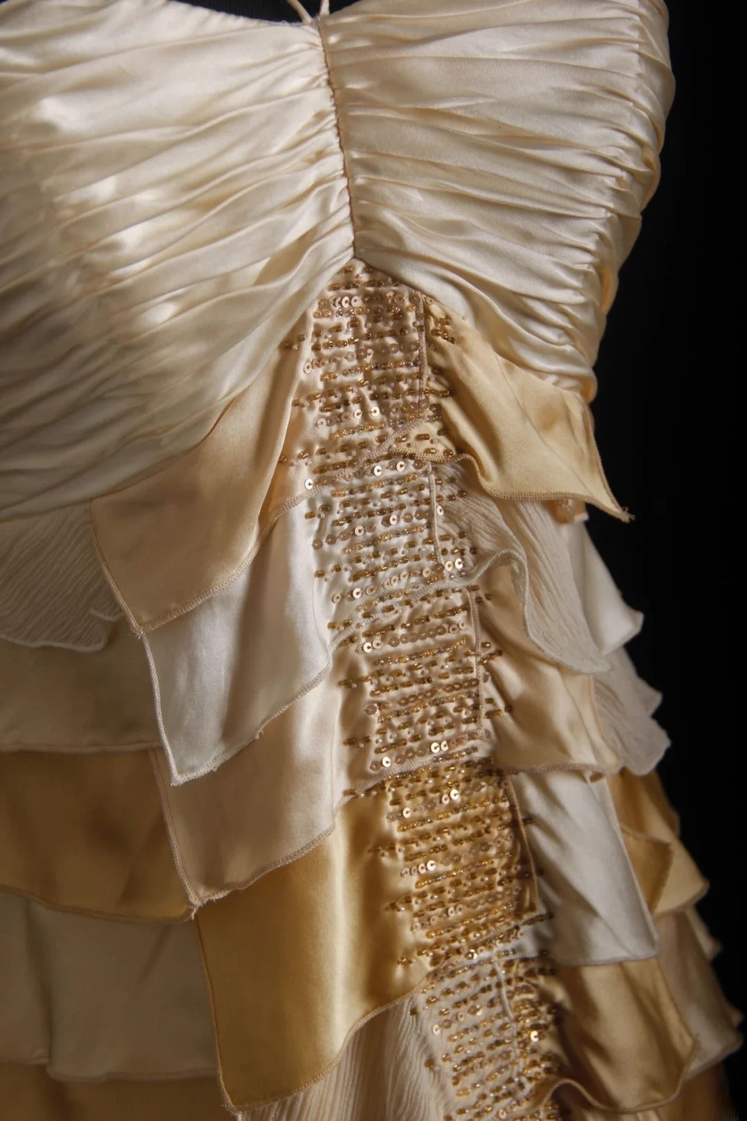 Vintage Prom Dresses 90s Formal A line Halter Gold Tiered With Beadings Long Party Gowns Prom Dresses AS025