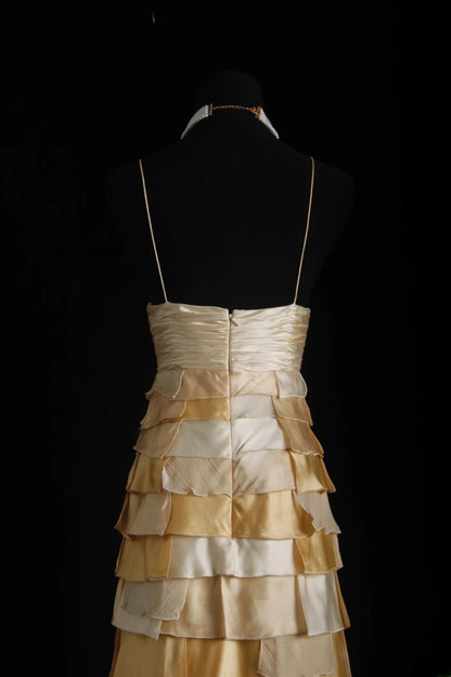 Vintage Prom Dresses 90s Formal A line Halter Gold Tiered With Beadings Long Party Gowns Prom Dresses AS025