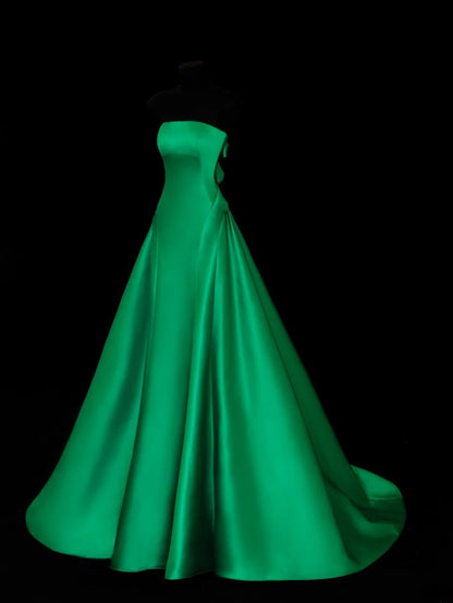 Modest Prom Dress Aesthetic Ball Gowns Strapless Green Satin Style Impress Long Prom Dresses Party Formal Gowns SA025