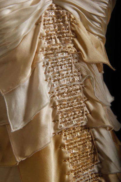 Vintage Prom Dresses 90s Formal A line Halter Gold Tiered With Beadings Long Party Gowns Prom Dresses AS025