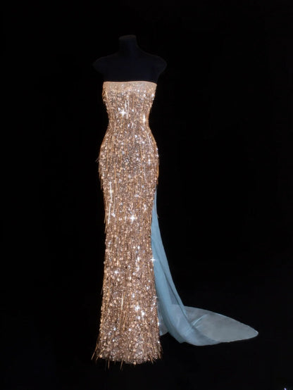 Affordable Sequin 1950s Formal Mermaid Strapless Champagne With Beads Style Impress Long Prom Dresses Party Formal Gowns SA029