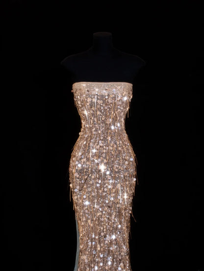 Affordable Sequin 1950s Formal Mermaid Strapless Champagne With Beads Style Impress Long Prom Dresses Party Formal Gowns SA029