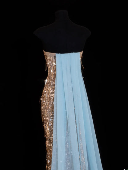 Affordable Sequin 1950s Formal Mermaid Strapless Champagne With Beads Style Impress Long Prom Dresses Party Formal Gowns SA029