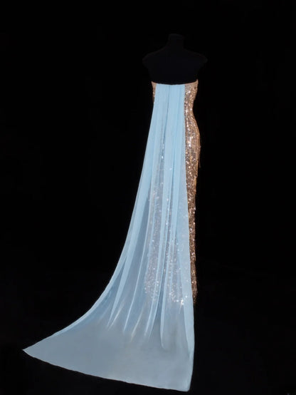 Affordable Sequin 1950s Formal Mermaid Strapless Champagne With Beads Style Impress Long Prom Dresses Party Formal Gowns SA029