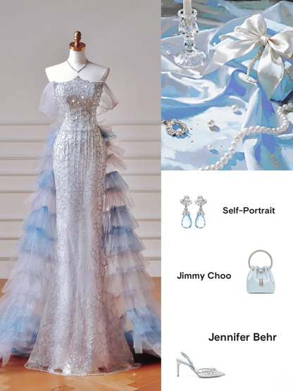 Sparkly Prom Dresses Aesthetic Mermaid Strapless Blue With Pleated Tassel Inspo Impress Long Party Formal Gown For Teenagers High Schools AQ033