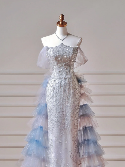 Sparkly Prom Dresses Aesthetic Mermaid Strapless Blue With Pleated Tassel Inspo Impress Long Party Formal Gown For Teenagers High Schools AQ033